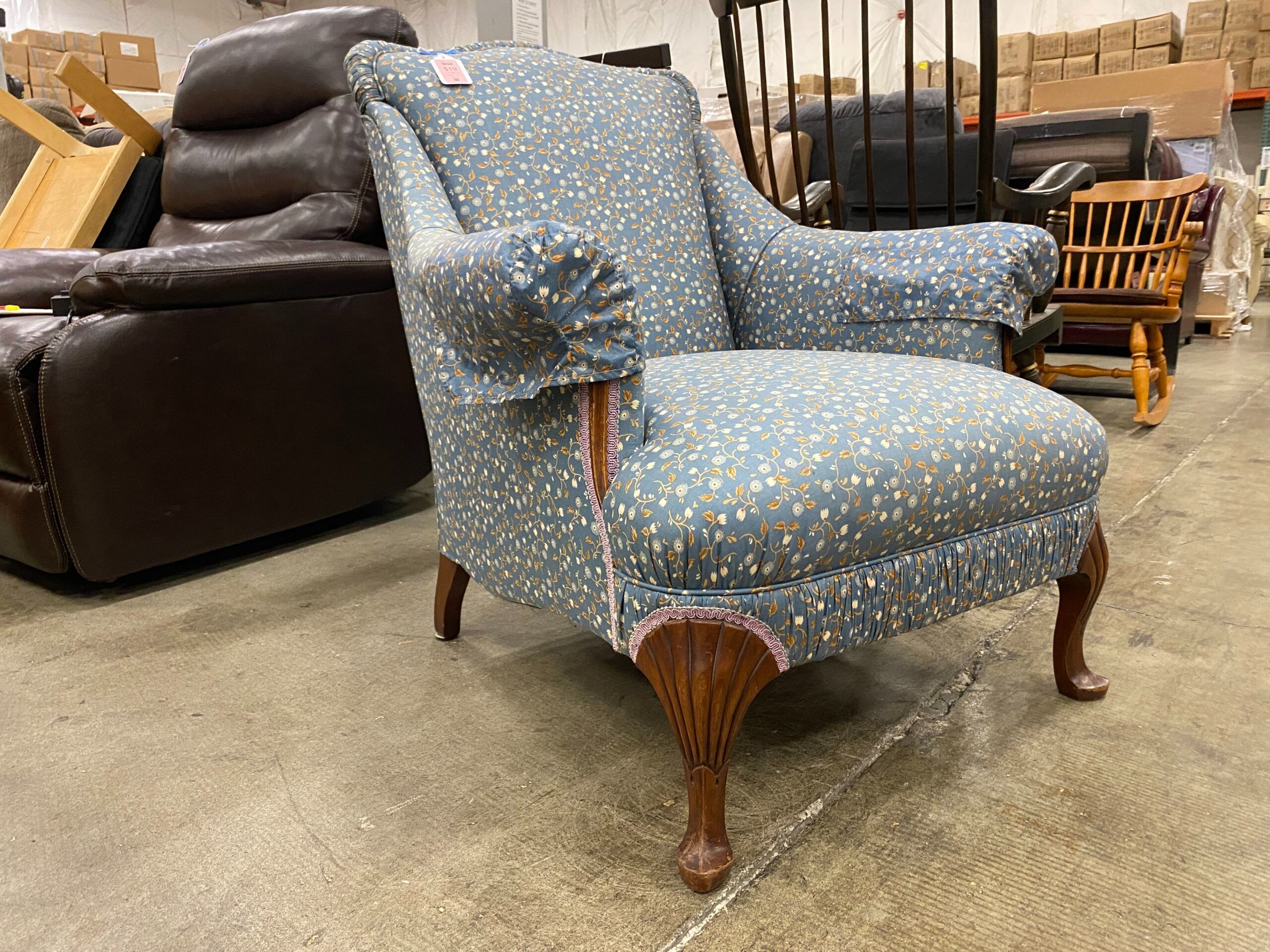 Vintage Floral Wingback Chair with Contrast Piping Detail