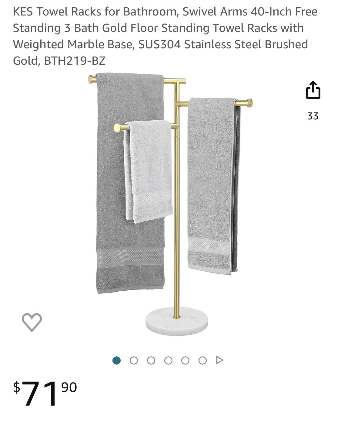 KES Towel Racks for Bathroom, Swivel Arms 40-Inch Free Standing 3 Bath Gold Floor Standing Towel Racks with Weighted Marble Base, SUS304 Stainless Ste