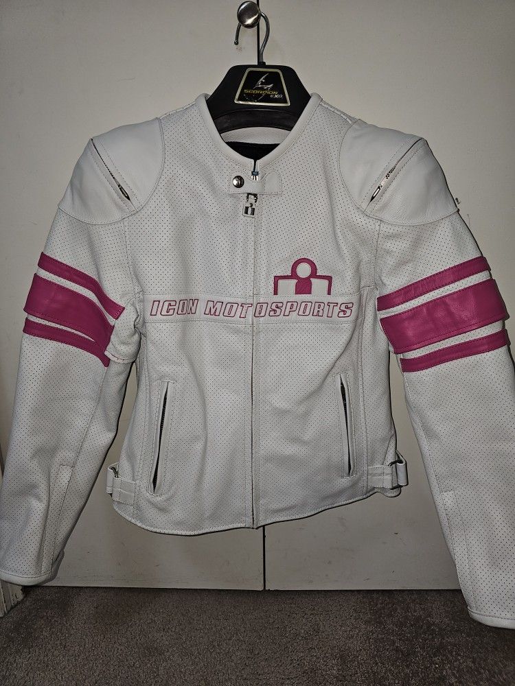 Womens/ Girls Icon Pink And White Leather Motorcycle Jacket 