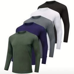 XL Only $30 5pcs Men'S Solid Color Long Sleeve T-Shirt, Breathable Quick Dry Round Neck Top, Spring