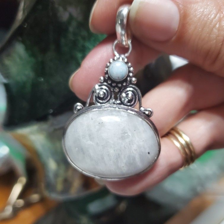 Silver Pendant With Natural Larimar And Natural Moonstone