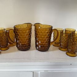 Vintage Indiana Whitehall Amber Glass Cubist Pitcher (2) and Glasses (10)