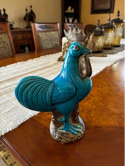 Vintage Turquoise Porcelain Rooster Figurine: Chinese Cockerel Decor  9”7”