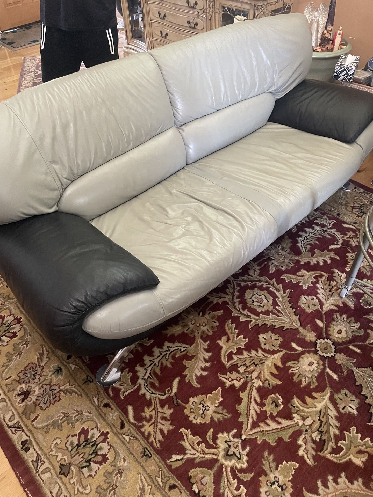 Leather Modern Couch And 2 Chairs (can Possibly Separate), Glass Coffee table $50
