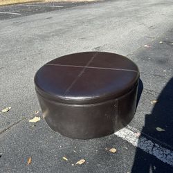 Round Brown Leather Storage Ottoman