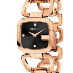 GUCCI G-Gucci Black Dial Rose Gold Tone Steel Women's Watch with diamond dots