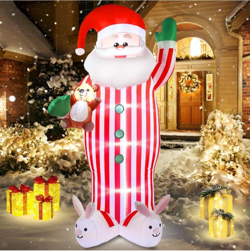Christmas Inflatable Santa Claus Outdoor Decorations 8ft Giant Blow Up Yard Striped Santa Inflatables Cute Xmas Winter Blowups Led Lights Decor Rabbit