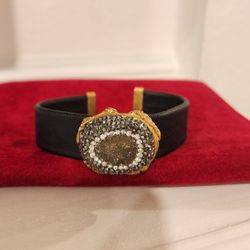 Brand New Adjustable Black Leather Gemstone Bracelet
