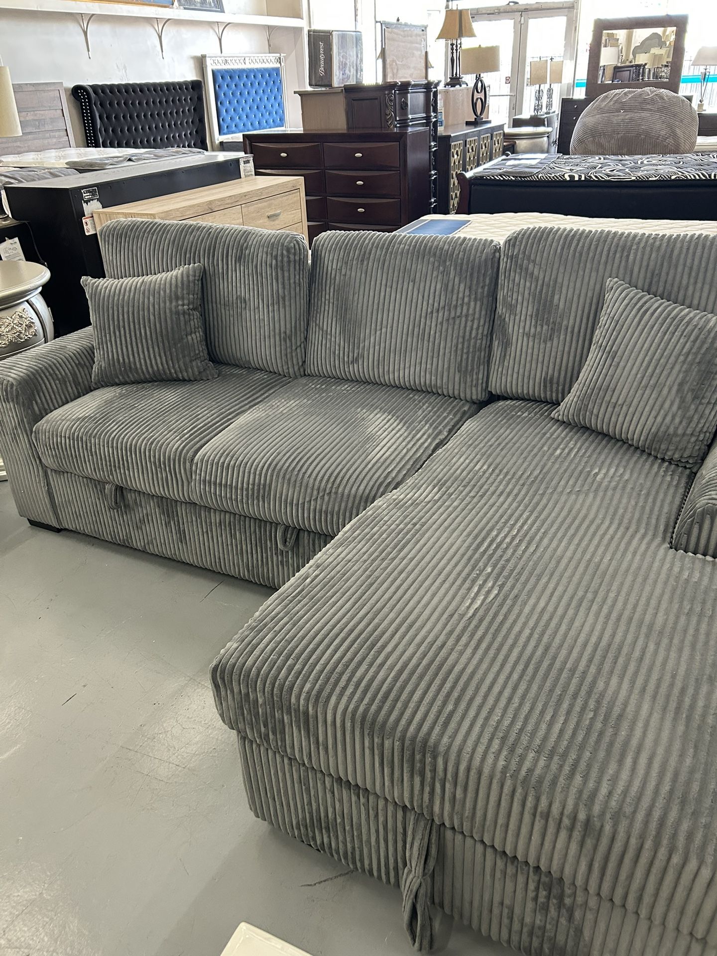 Brand New Custom Corduroy Sectional With Sleeper, Same Day Delivery 