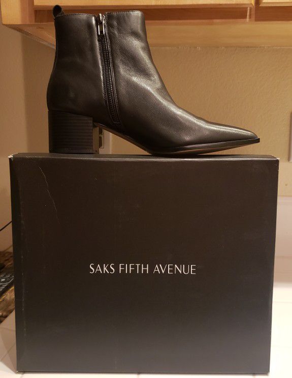 Saks Fifth Avenue  Beautiful Black Ankle Pointed Toe Classy Boots. All leather Boot with Low heels & Leather Sole