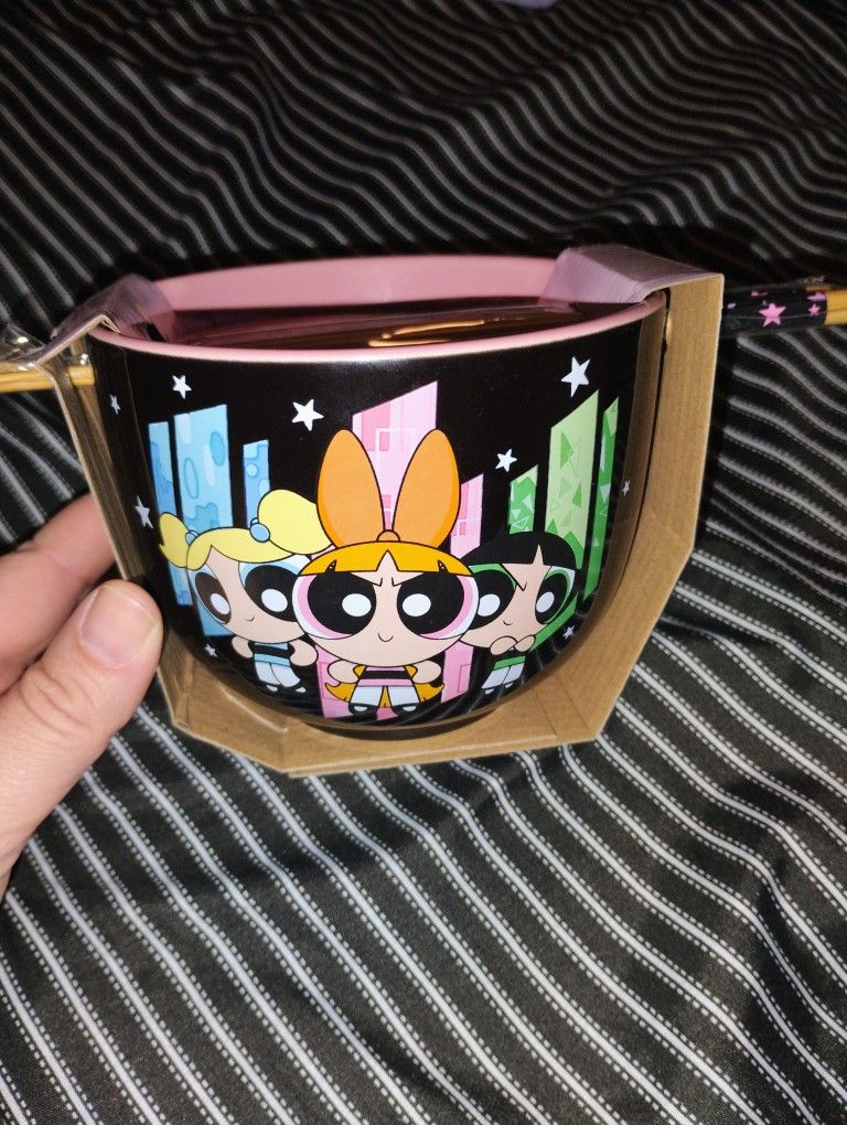Brand New Powerpuff Girls Ramen Noodle Bowl And Chopsticks