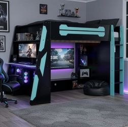 Full Size Wood Loft Bed with Desk, Multi-Storage Shelves, and RGB Light, Perfect Esports Gaming & Work Loft Bed, Cloud Blue - ModernLuxe