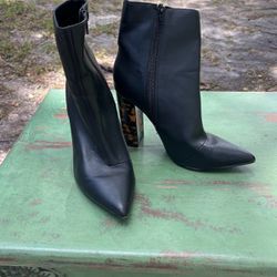 Black Leather Booties With Tortoise Heel