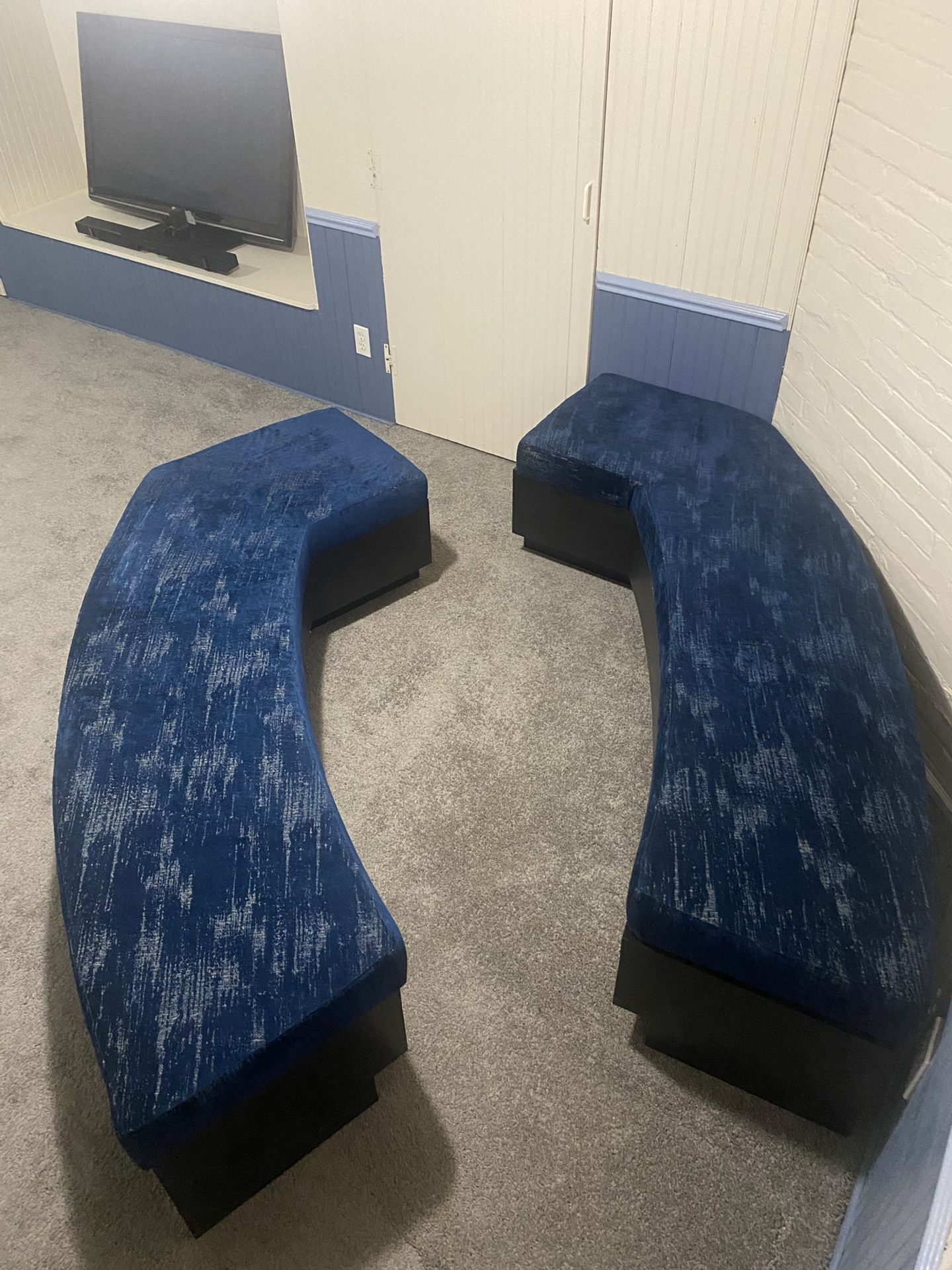 Modular Curved Wooden Benches – Set of 2 (Blue Upholstered, Commercial Grade)