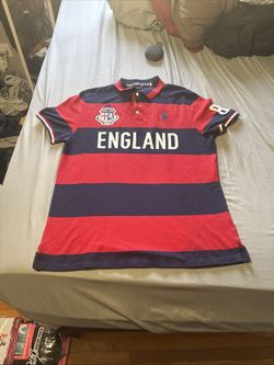 Ralph Lauren Polo Striped England Crest Rugby Navy Red Custom Fit Large XL