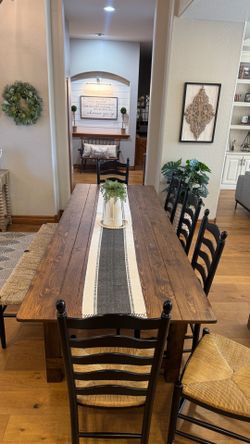 Farmhouse 9' NEW Dining Room Table with (6) Pottery Barn Chairs and Bench