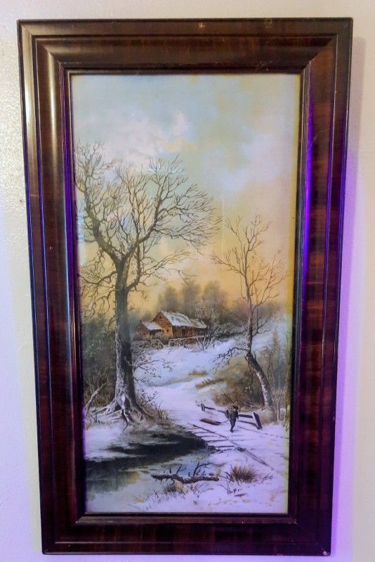 Early 1900s Lithograph Framed Print Winter Scene
