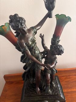Art Nouveau Style Figural Bronze-Finished Lamp with Woman and Child - 31” tall