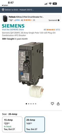 Siemens QAF2 20A CAFCI Circuit Breaker