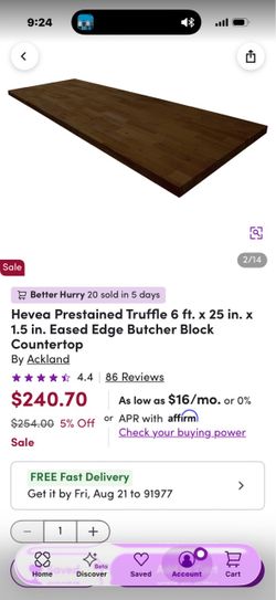 Hevea Prestained Truffle 6 ft. x 25 in. x 1.5 in. Eased Edge Butcher Block Countertop