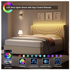 Queen Bed Silver Wingback Led Lights Leather Upholstery 