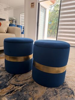 2 Blue velvet round ottoman with gold band