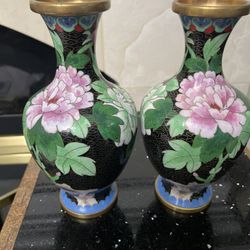 Pair of Japanese 7.25” Vases Peony Flowers & Black Background 
