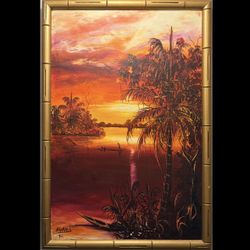 Tiki Style Tropical Sunset Landscape Painting 