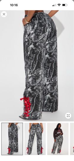 Wide Leg Camo Pants with Red Lace-Up Detail