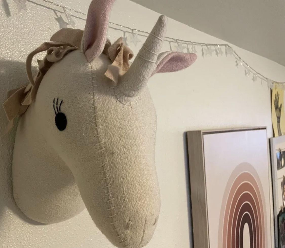 Unicorn Head Wall Mount Decor Plush Soft Kids Room Ivory Beige Pink