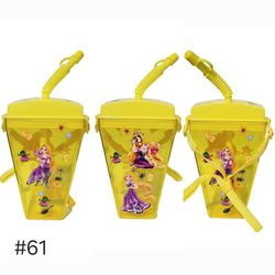 Rapunzel Disney Girls Yellow Plastic Water Bottle Portable Shoulder Strap 16 oz