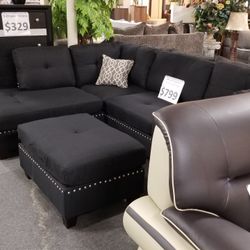 Brand New 104" x 75" Black Linen Reversible Sectional + Ottoman