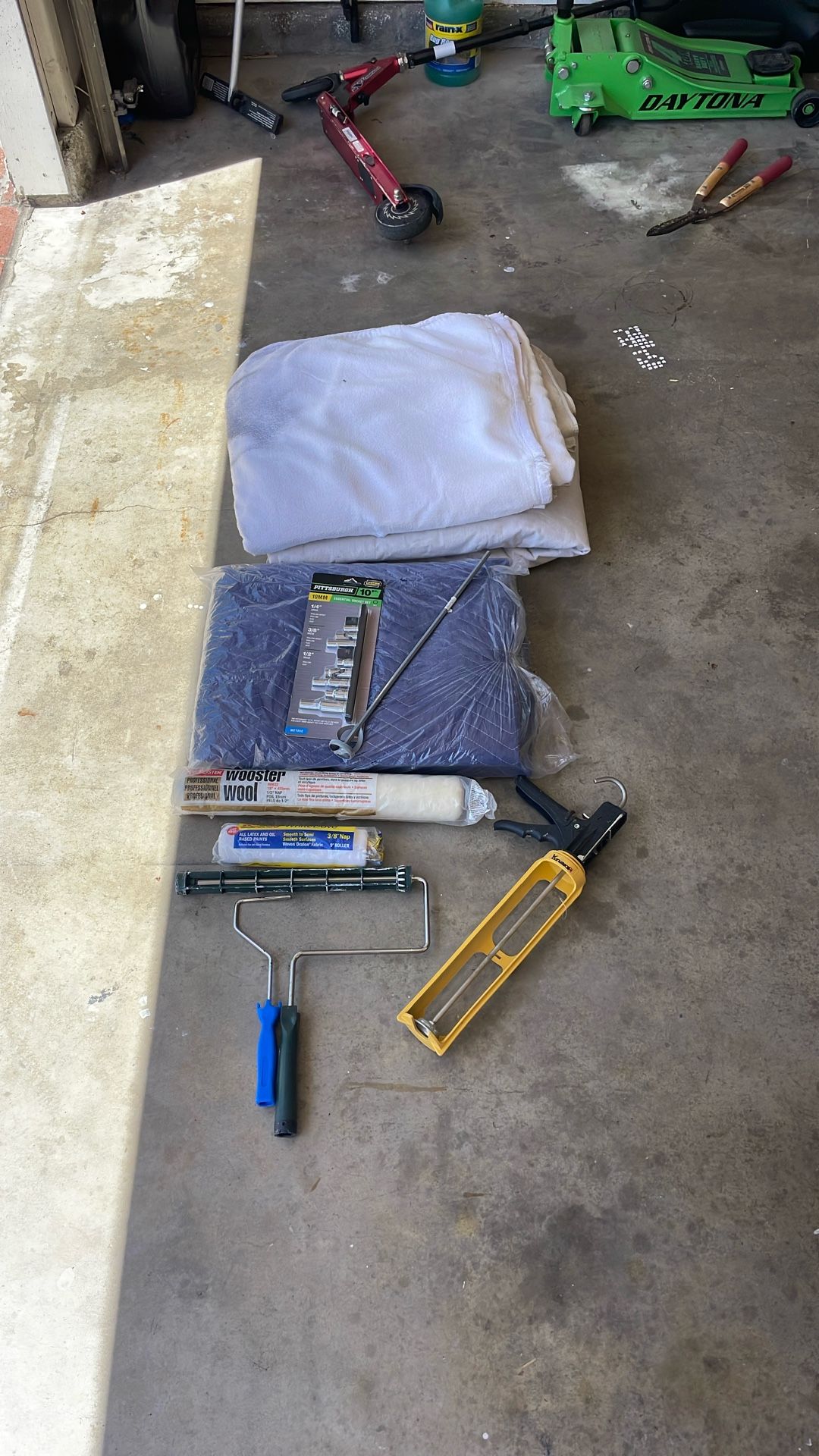 Drop Cloths, Paint Rollers, 10mm Sockets, Moving Blanket