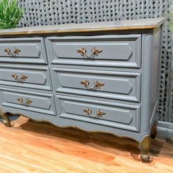 French Provincial Vintage Dresser 6 Drawers, Wood, Duck Egg With Gold