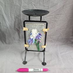 Vintage Cast Iron Spiked Pillar Candle Holder w/ Hanging 3D Sculpted Floral Figurine