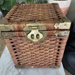 Vtg Wicker Rattan Square Brass Box12x14