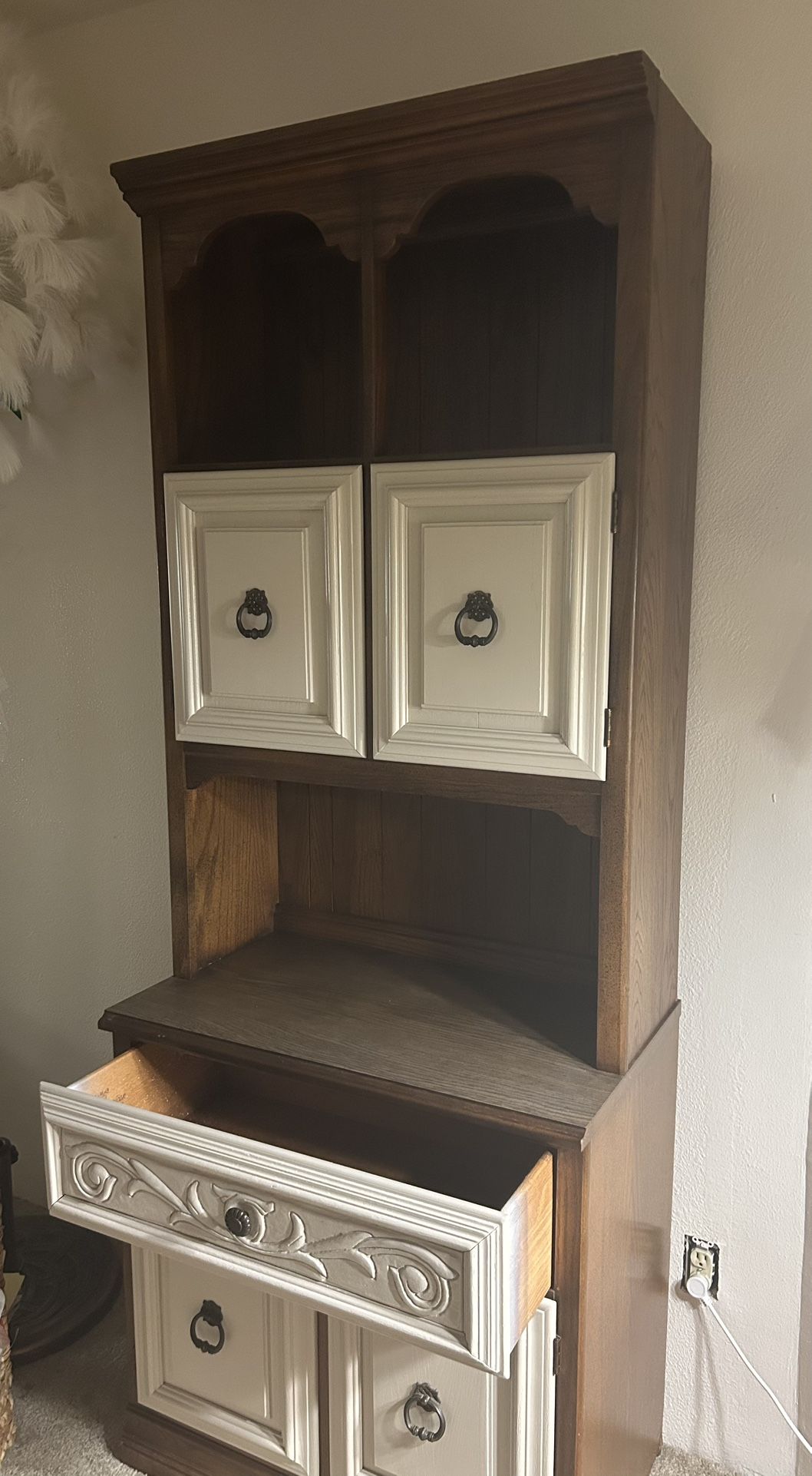 Vintage-style Dark Wood Cabinet/Bookcase with Ivory Doors and Drawers