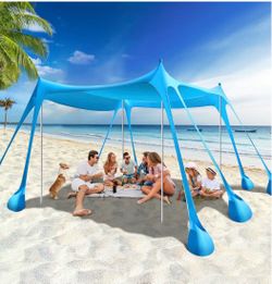Beach Tent, 10 x 10 FT Beach Shade UPF50+ Protection, Beach Canopy with 8 Sandbags 4 Stability Poles, Outdoor Beach Tent Sun Shelter Umbrella for Sand