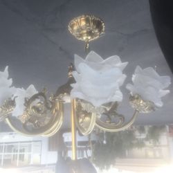 Vintage French Crystal Brass Chandelier Gorgeous Satin Glass Roses Flowers .  Stunning Shape!  I Have 200 Pieces Lighting. Wall Sconces Lamps Pendants