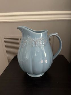 Longaberger Light Blue Ceramic Pitcher with Embossed Detail