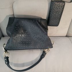 Black Ostrich Print Purse/matching Wallet 