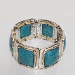 Boho Faux Turquoise, Silver Stretch Bracelet