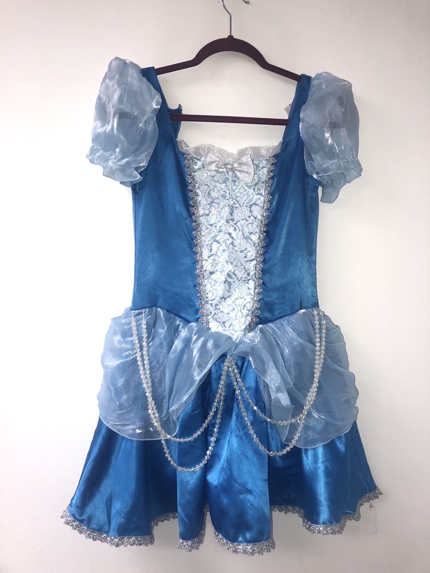 Disney Cinderella Princess Costume M Blue Crystals Sexy Short Dress Tule Under Long Fingerless Gloves Baby Blue Dress Mini Skirt