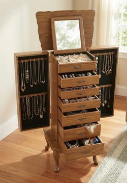 Vintage Wooden Jewelry Armoire with Mirror & Side Doors