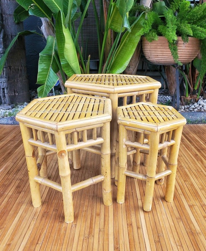 Vintage bamboo rattan stacking tables