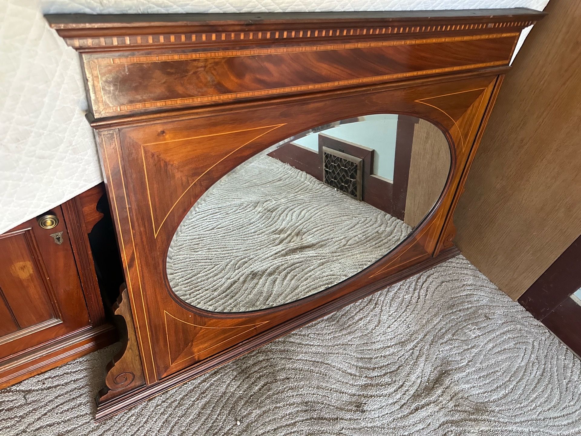Antique Victorian Burl Wood Mirror with Inlaid Wood Detail