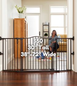 30” Tall By 38”-72” Super Wide Wall Mounted Baby Gate Dog Gate Safety Gate Brand New Open Box Brown Decorative Arched Northstates