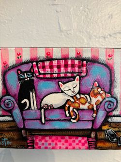 6”x4” Cat Lovers new original acrylic on canvas painting. Available at Coral Gables. Ready to hang! Signed by artist.