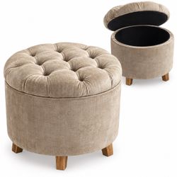 Beige Velvet Storage Ottoman / Stool