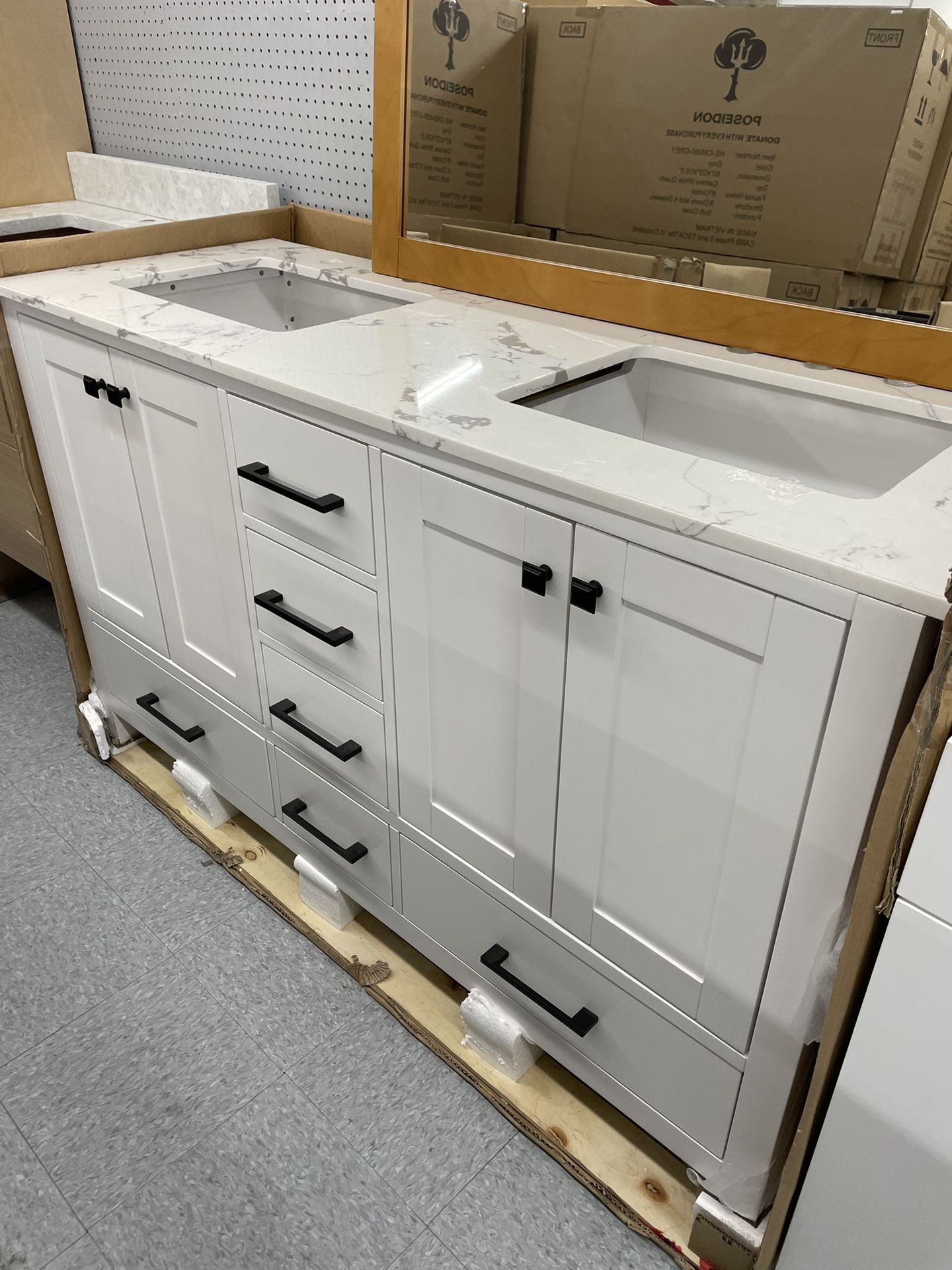 Bathroom vanity cabinet 60” solid mango Quartz top with sinks and backsplash